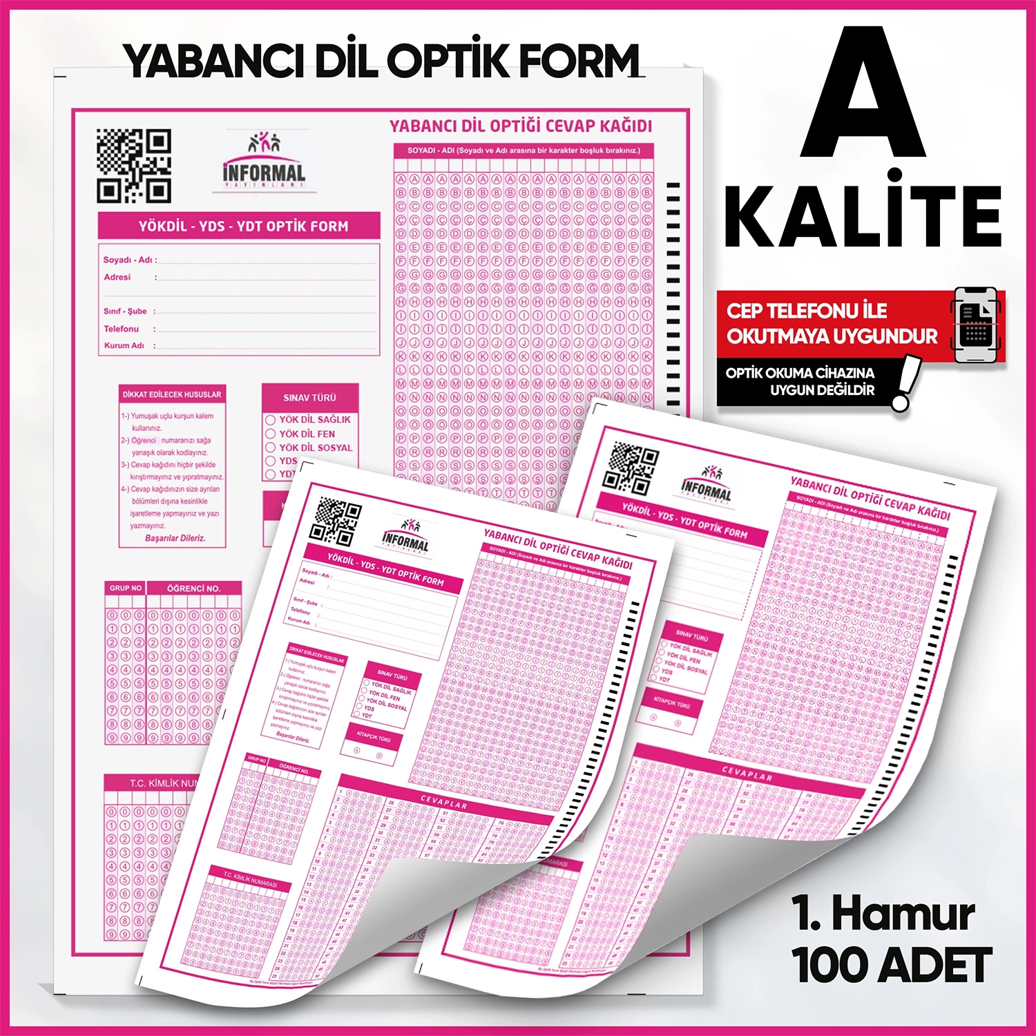 Yabancı Dil (YÖKDİL, YDS ve YDT) Deneme Sınavları İçin 100 Adet Optik Form