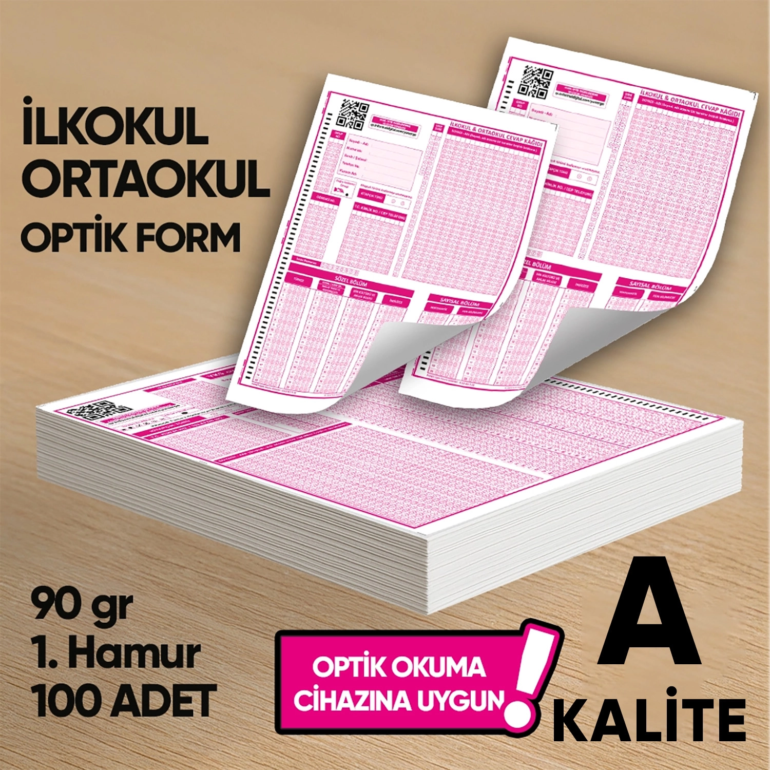 İlkokul-Ortaokul Deneme Sınavları İçin 100 Adet (90.GR) Optik Form - Optik Okuma Uyumlu