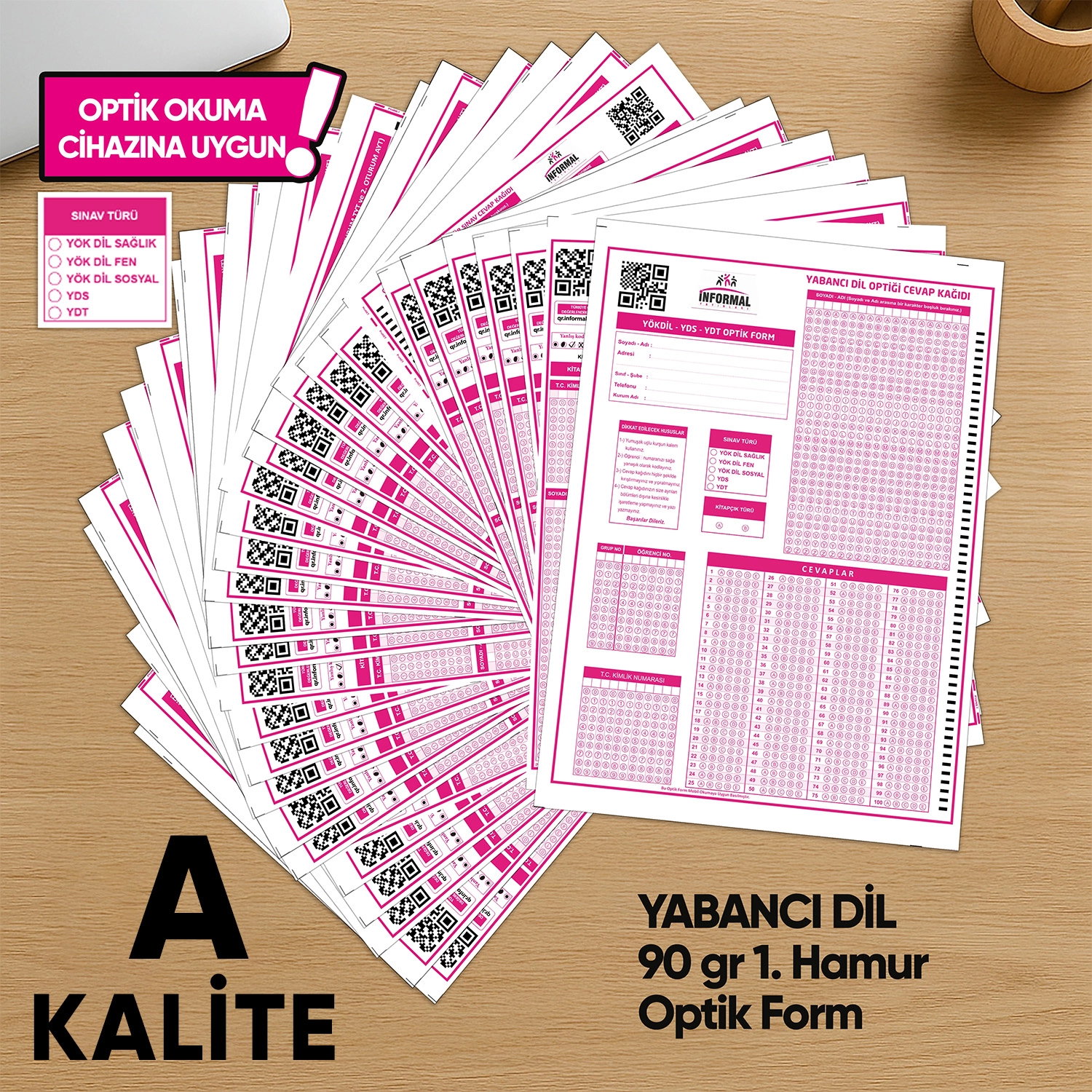 Yabancı Dil (YÖKDİL, YDS ve YDT) Deneme Sınavları İçin 100 Adet (90.GR) Optik Form - Optik Okuma Uyumlu