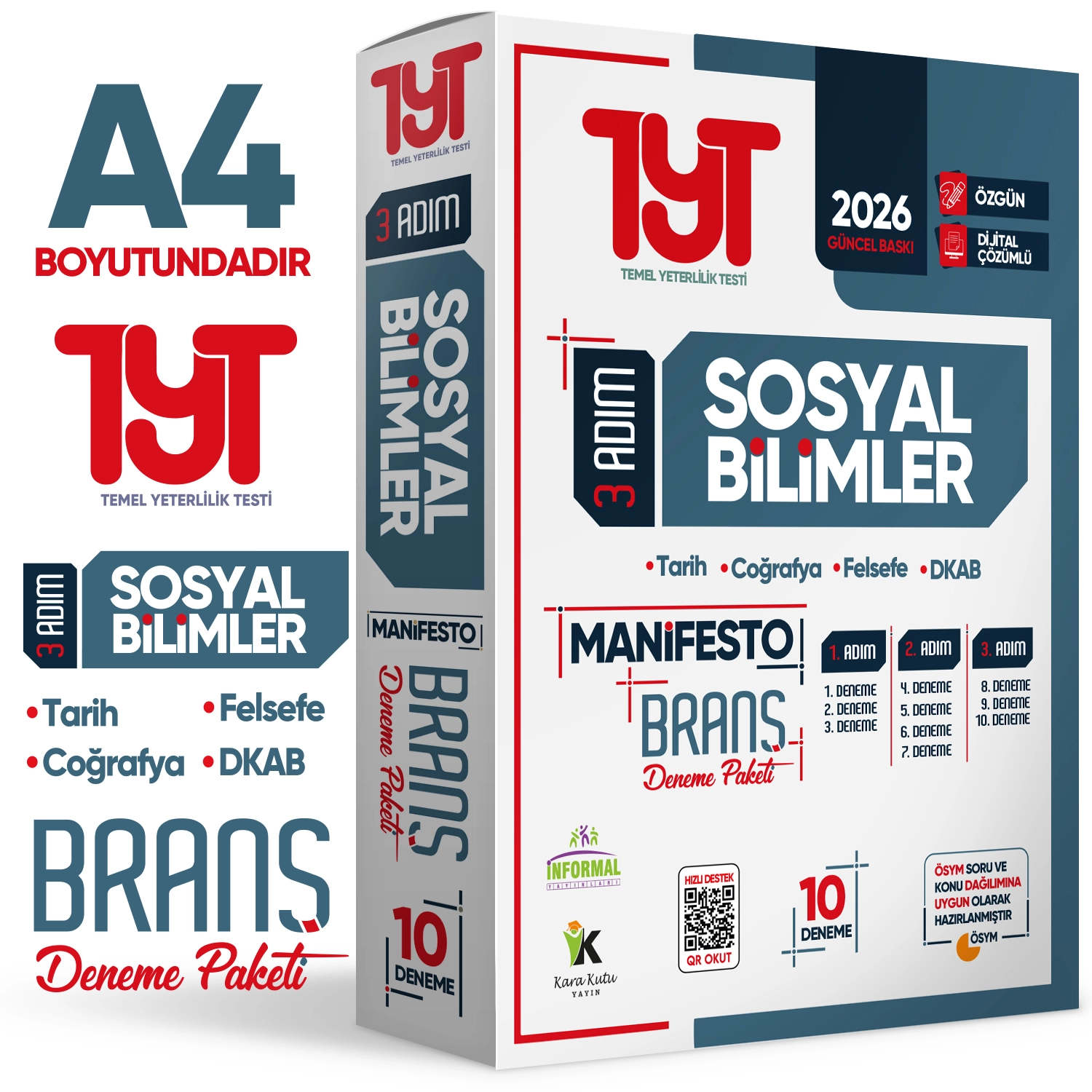 2026 YKS TYT TÜRKÇE-MATEMATİK-SOSYAL-FEN BİLİMLERİ 3 Adım 4lü Manifesto 40 Adet Branş Deneme Seti