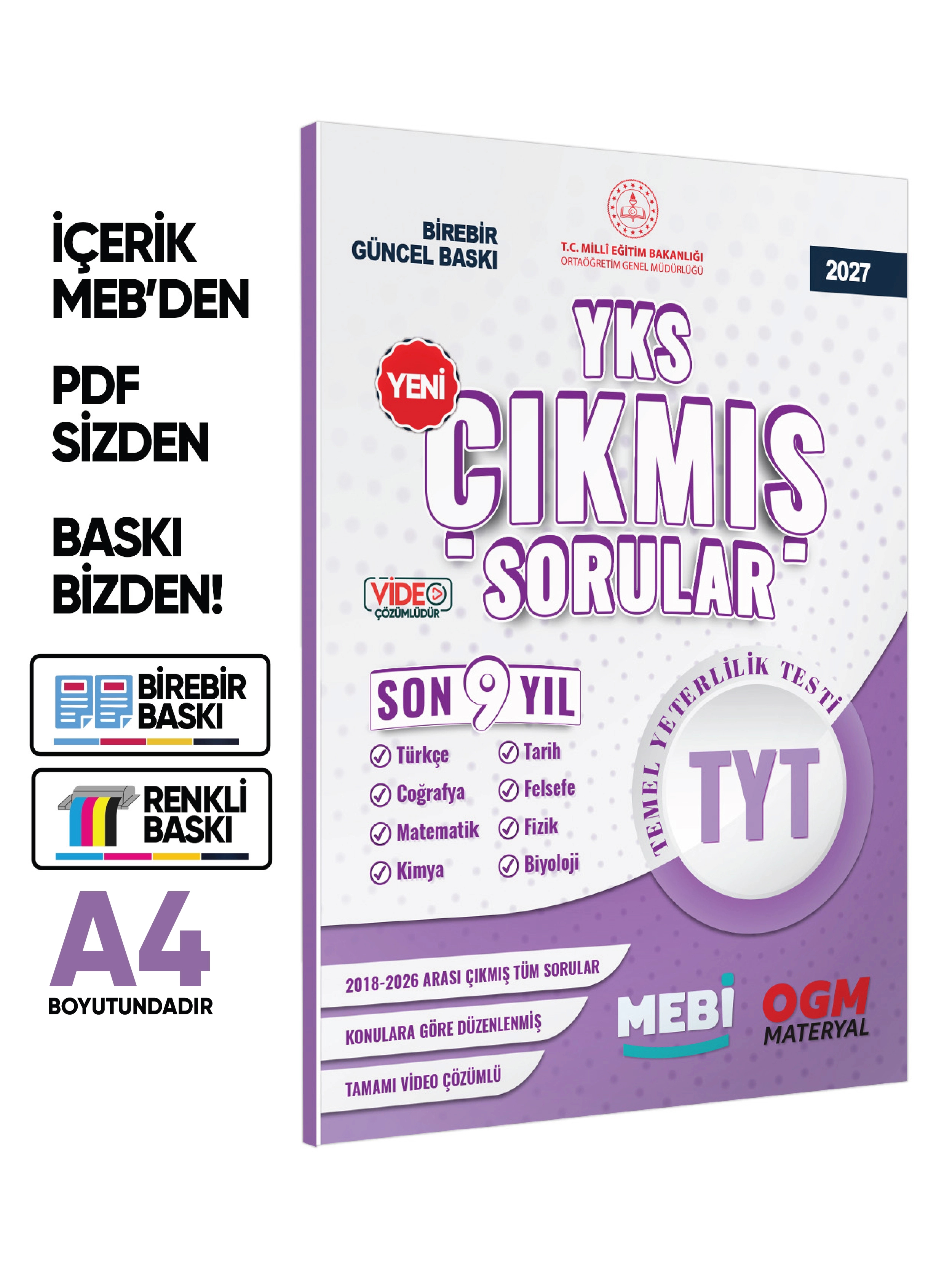 2027 YKS-TYT Tüm Dersler MEBİ Yeni Nesil Çıkmış Soru Bankası Son 9Yıl Video/PDF Çözümlü BASKI ÜCRETİ