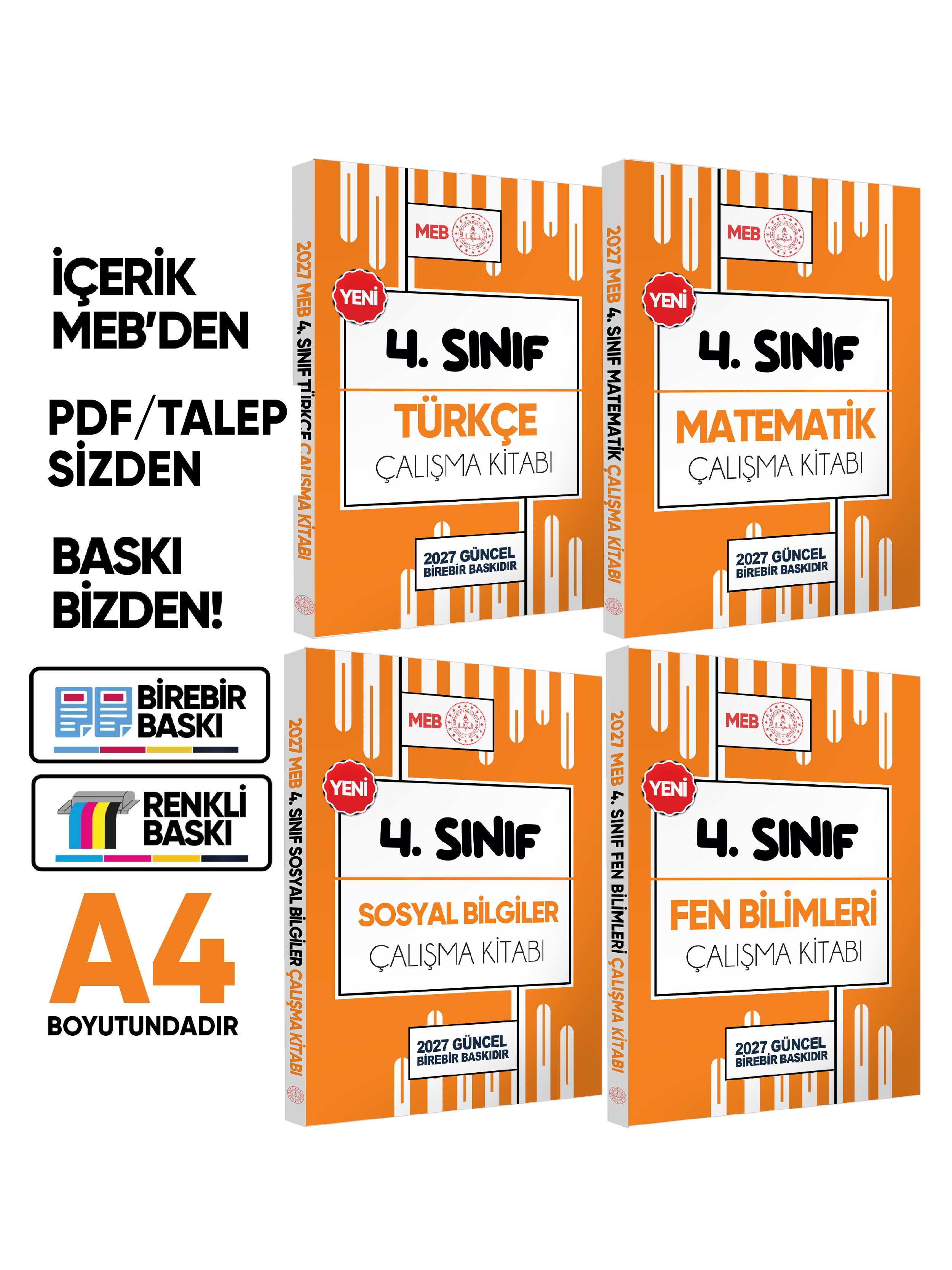 2027 MEB ÖDM İlkokul 4.Sınıf Çalışma Kitabı Alıştırmalı Soru Bankası 4lü SET RENKLİ BASKI ÜCRETİ