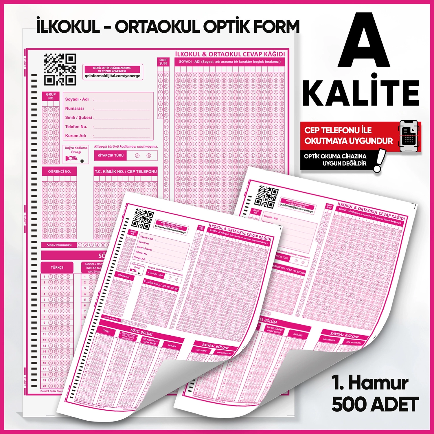 İlkokul-Ortaokul Deneme Sınavları İçin 500 Adet Optik Form
