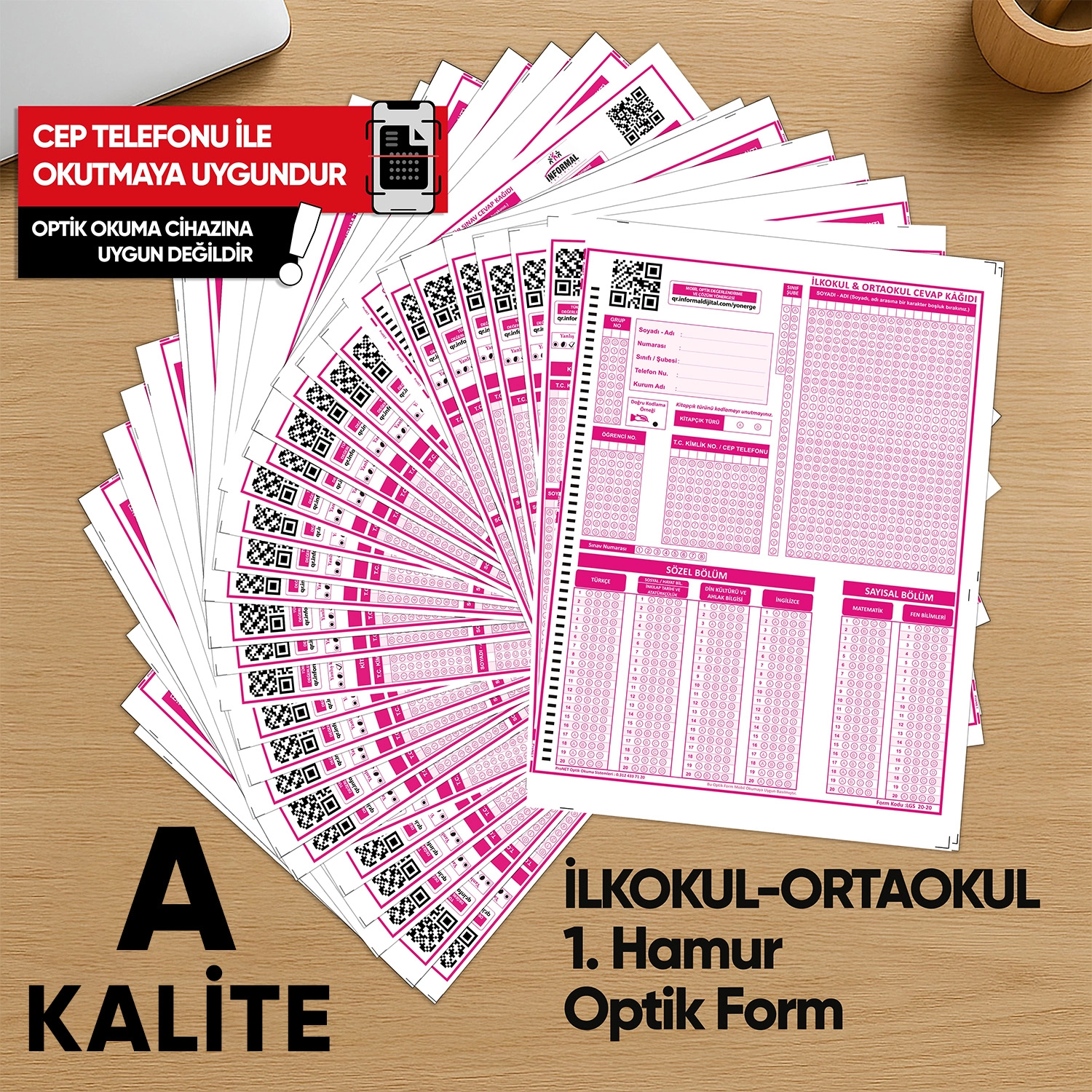 İlkokul-Ortaokul Deneme Sınavları İçin 500 Adet Optik Form