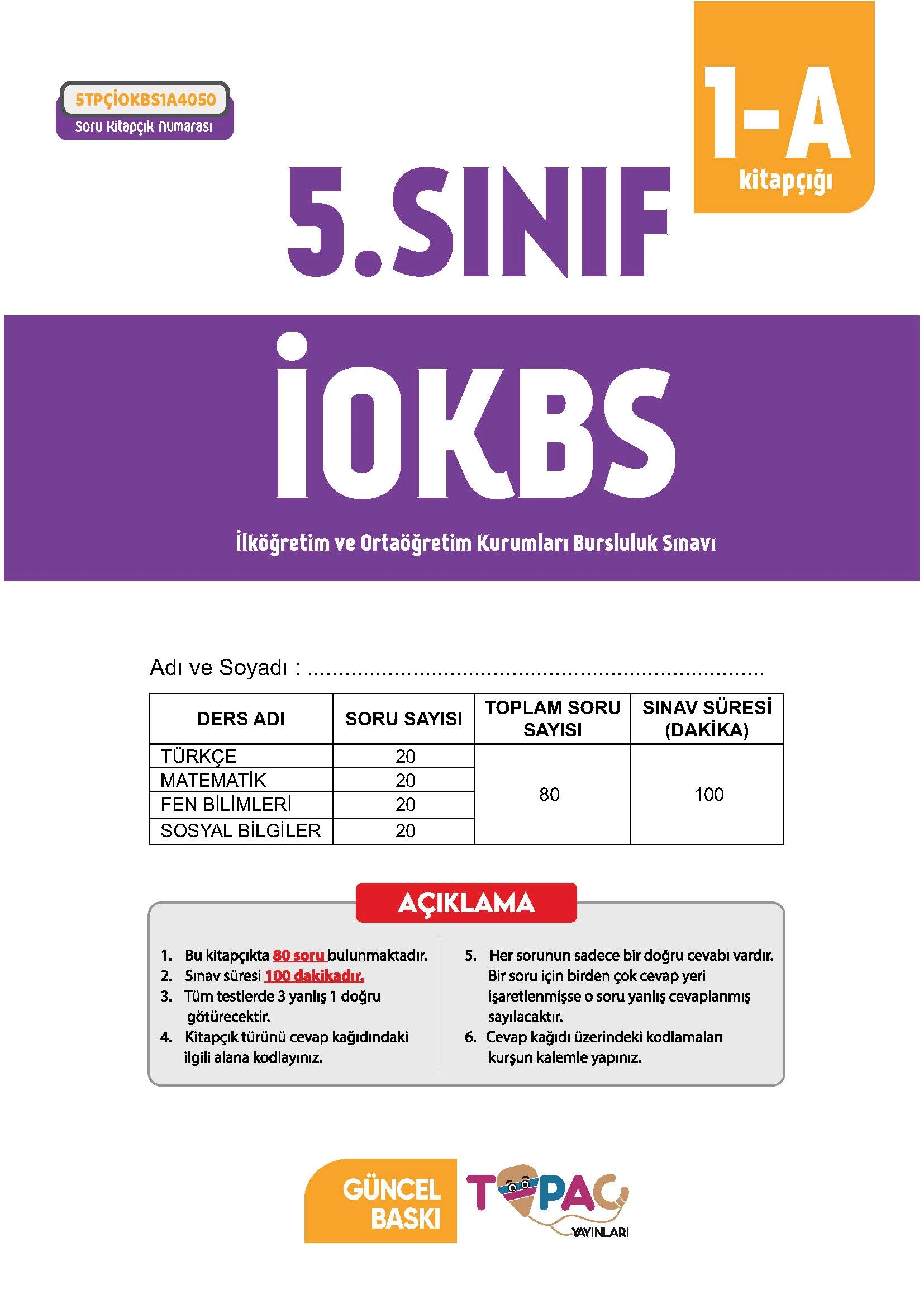 2026 5.Sınıf Topaç Yayınları İOKBS-BURSLULUK 6lı Deneme Paketi