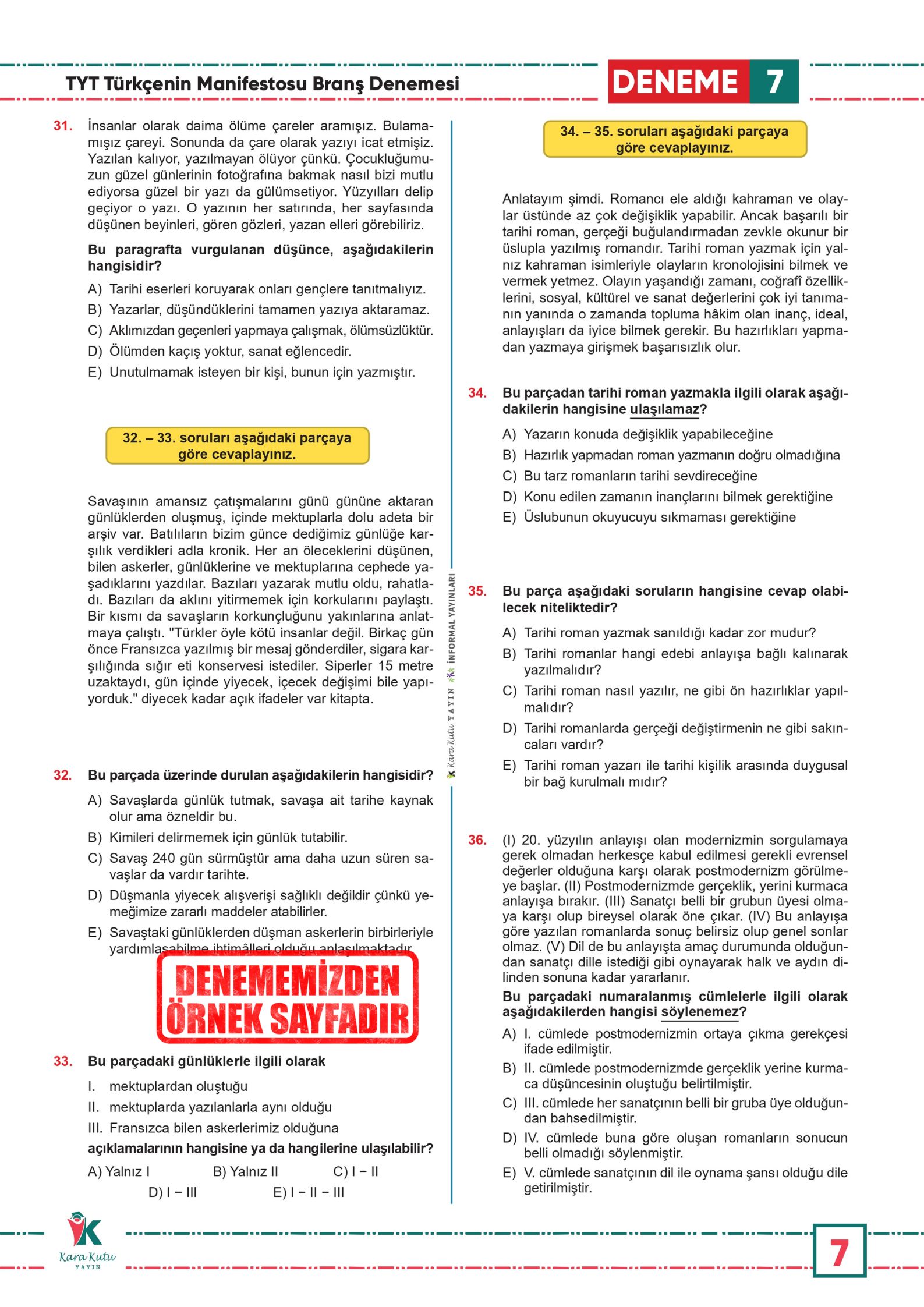 2025 YKS TYT Türkçenin Manifestosu BRANŞ Deneme Paketi 10lu Dijital Çözümlü