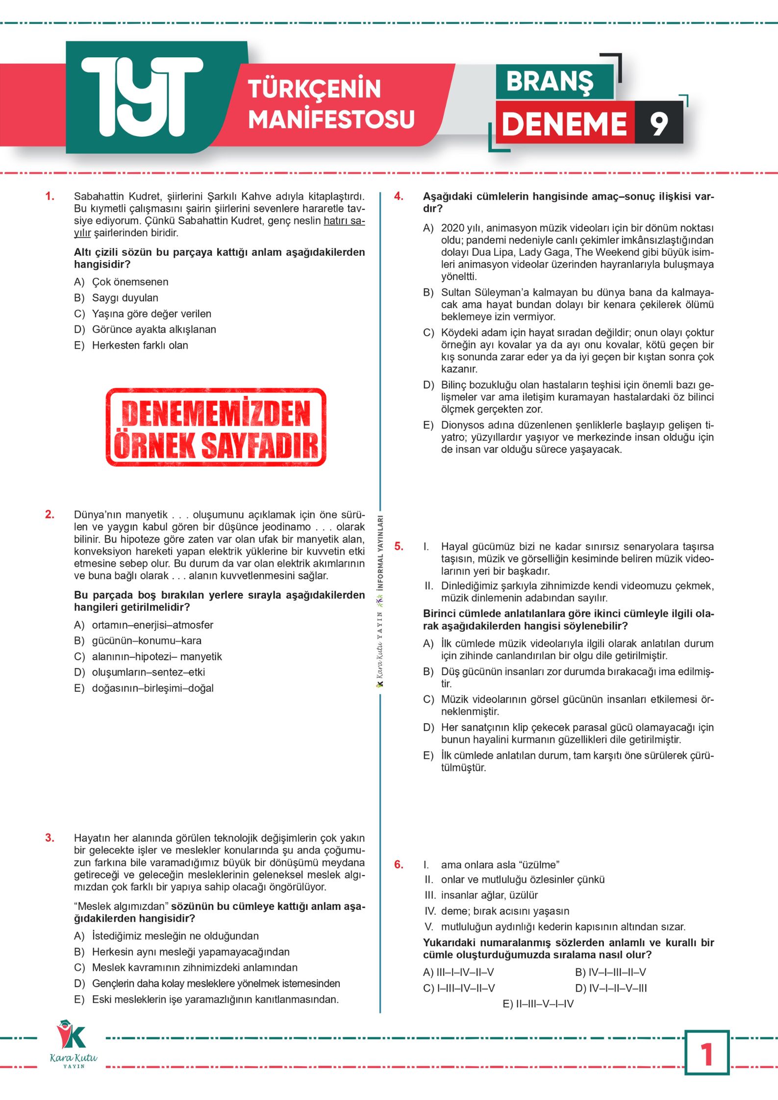 2025 YKS TYT Türkçenin Manifestosu BRANŞ Deneme Paketi 10lu Dijital Çözümlü