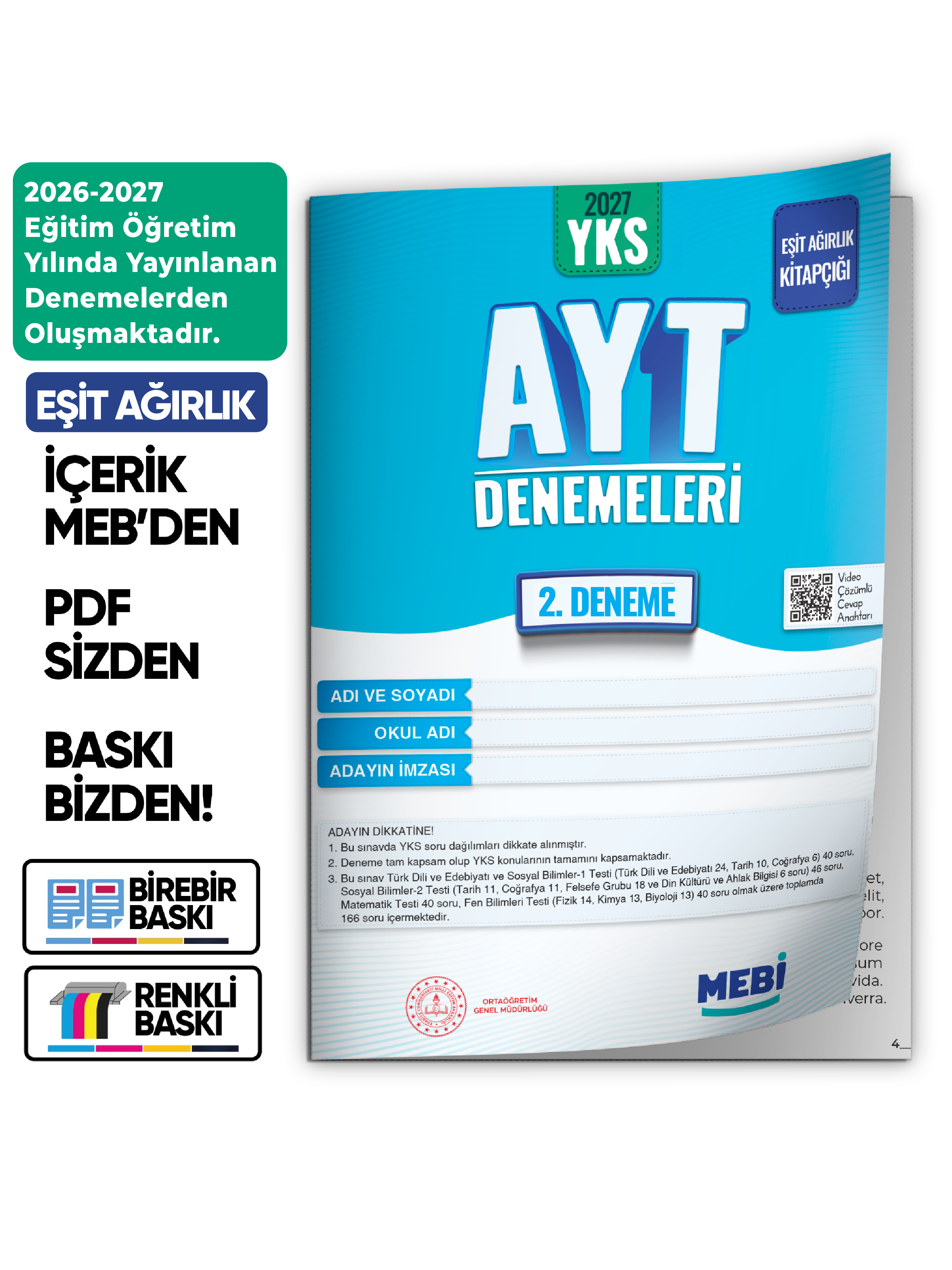2027 YKS-AYT EŞİT AĞIRLIK MEBİ ONLİNE Türkiye Geneli 2. Deneme Büyük Boy Renkli BASKI ÜCRETİ