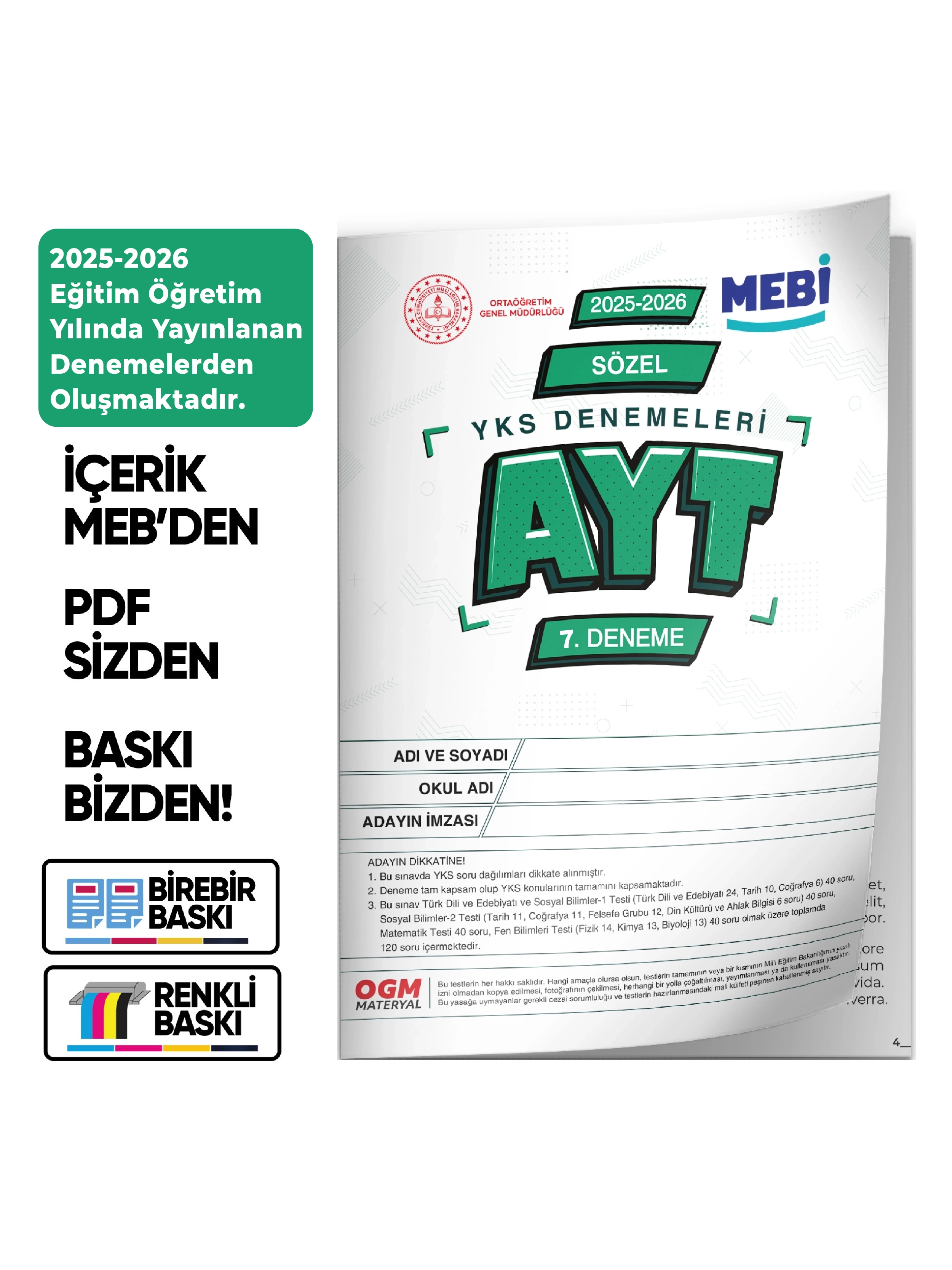 2026 YKS-AYT MEBİ OGM SÖZEL Güncel Seri Online Deneme 12li SET BASKI ÜCRETİ