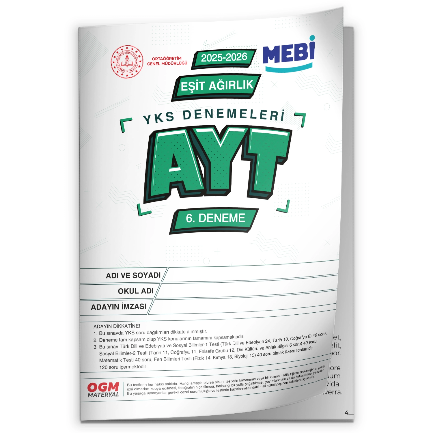 2026 YKS-AYT MEBİ OGM EŞİT AĞIRLIK Güncel Seri Online Deneme 12li SET BASKI ÜCRETİ