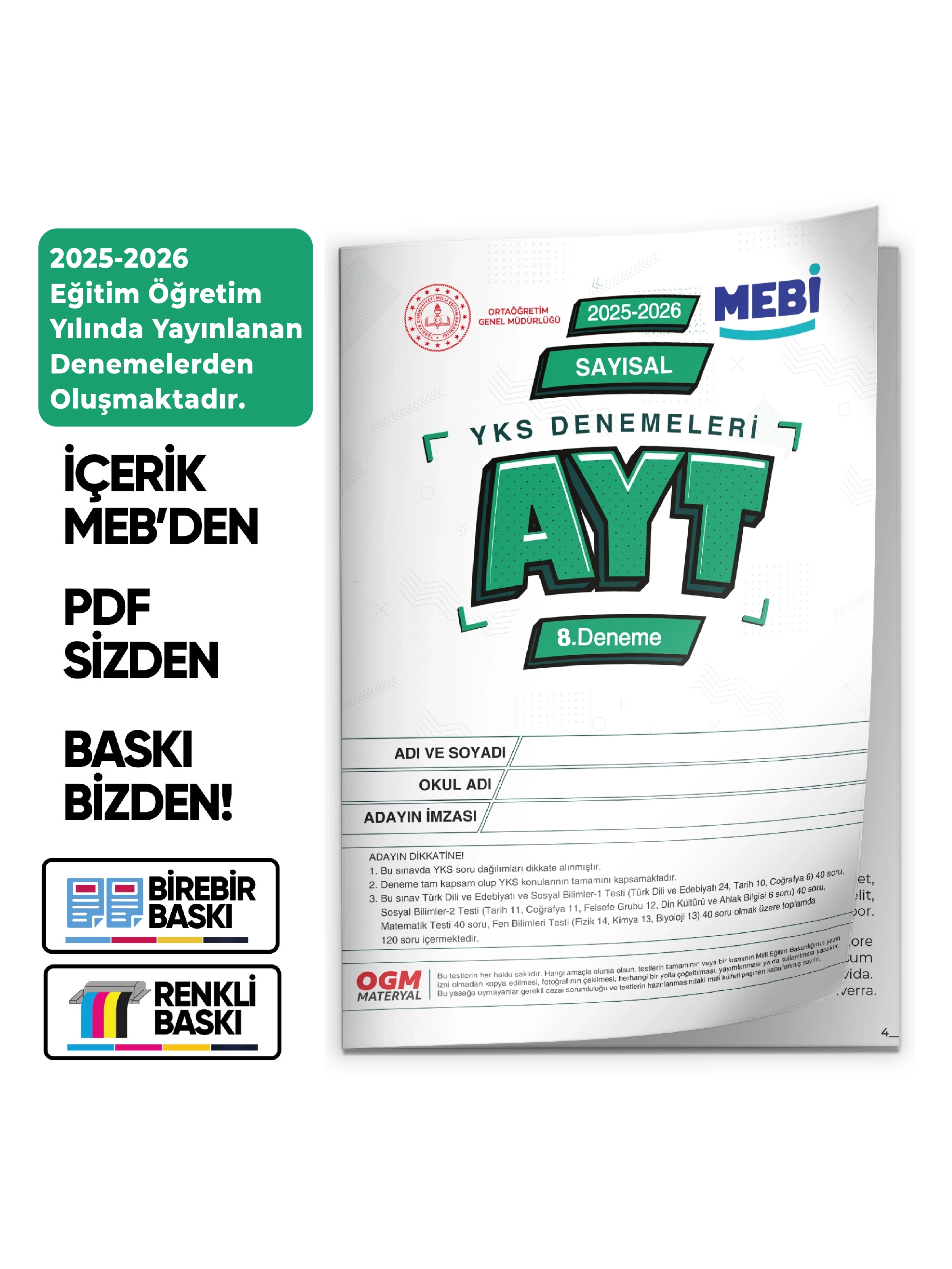 2026 YKS-AYT MEBİ OGM SAYISAL Güncel Seri Online Deneme 12li SET BASKI ÜCRETİ