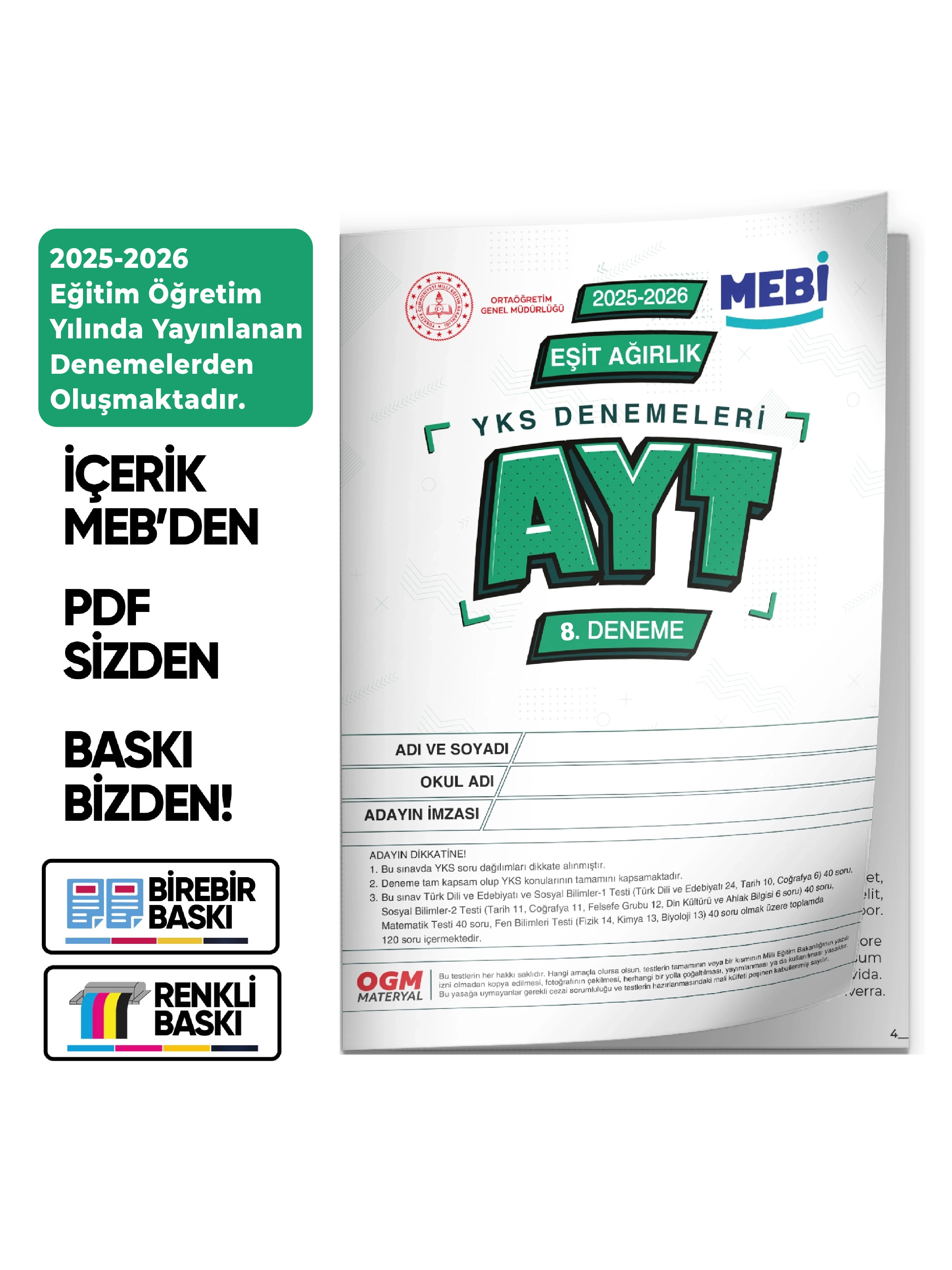 2026 YKS-AYT MEBİ OGM EŞİT AĞIRLIK Güncel Seri Online Deneme 12li SET BASKI ÜCRETİ