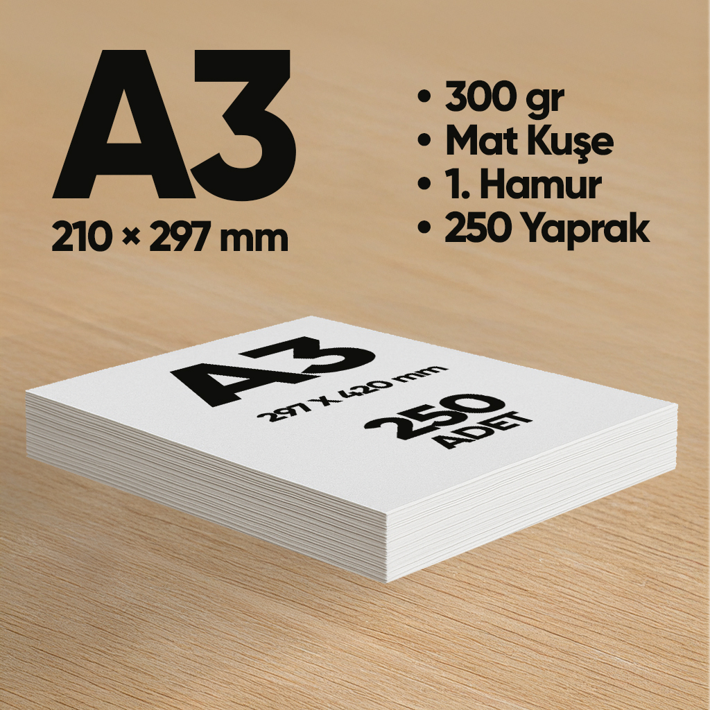 İnformal Baskı Kağıdı Premium Kalite A3 300 gr Mat Kuşe(Mürekkep püskürtmeli için) 250 Yprk 1.Hmr