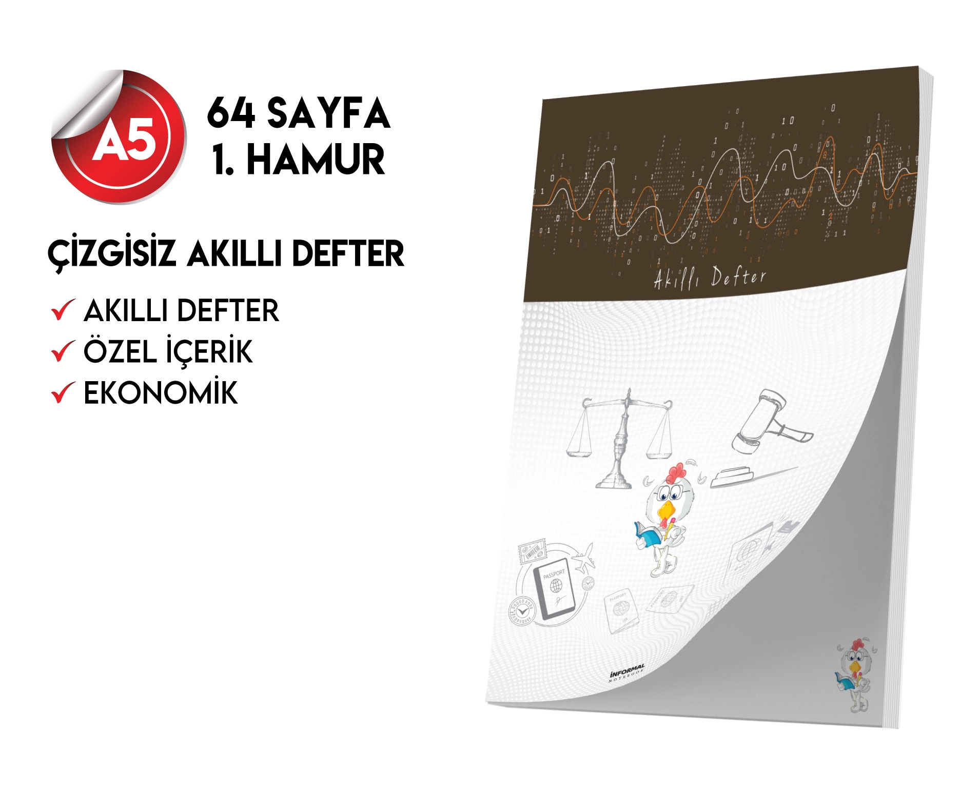 Çizgisiz Not Defteri 64 Sayfa Akıllı Defter Tekli A5 Tam Beyaz Tekli