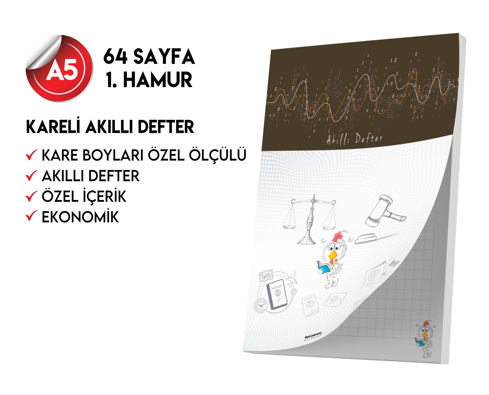 Kareli Not Defteri 64 Sayfa Akıllı Defter Tekli A5 Tam Beyaz Tekli