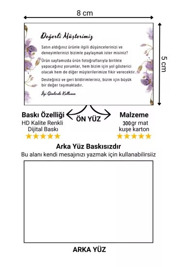 Müşteri Deneyimi ve Yorum Artırıcı Teşekkür Kartı 300 adet 8 cmx5 cm Yüksek Kaliteli 300 gr Kuşe