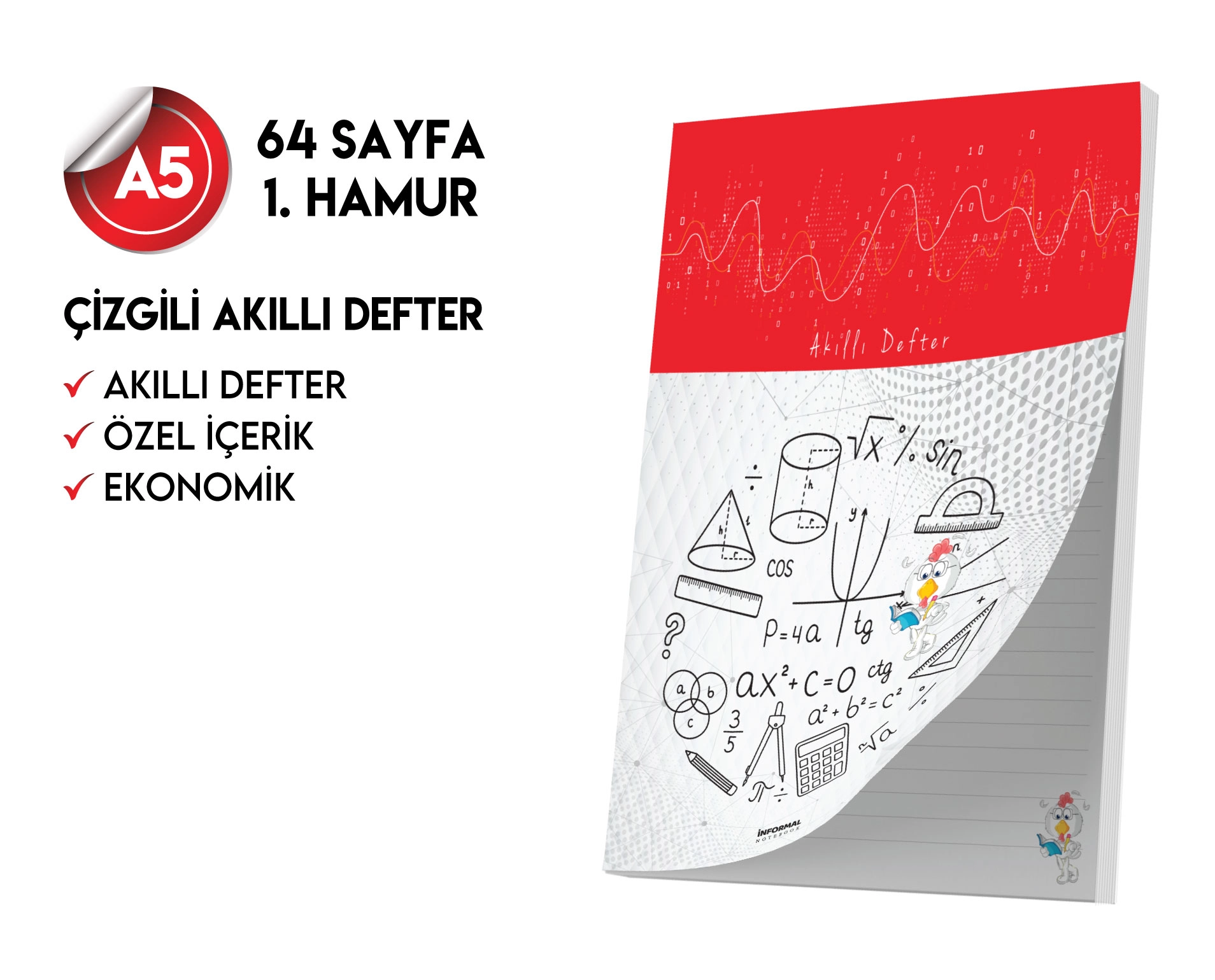Çizgili Not Defteri 64 Sayfa Akıllı Defter Tekli A5 Tam Beyaz Tekli