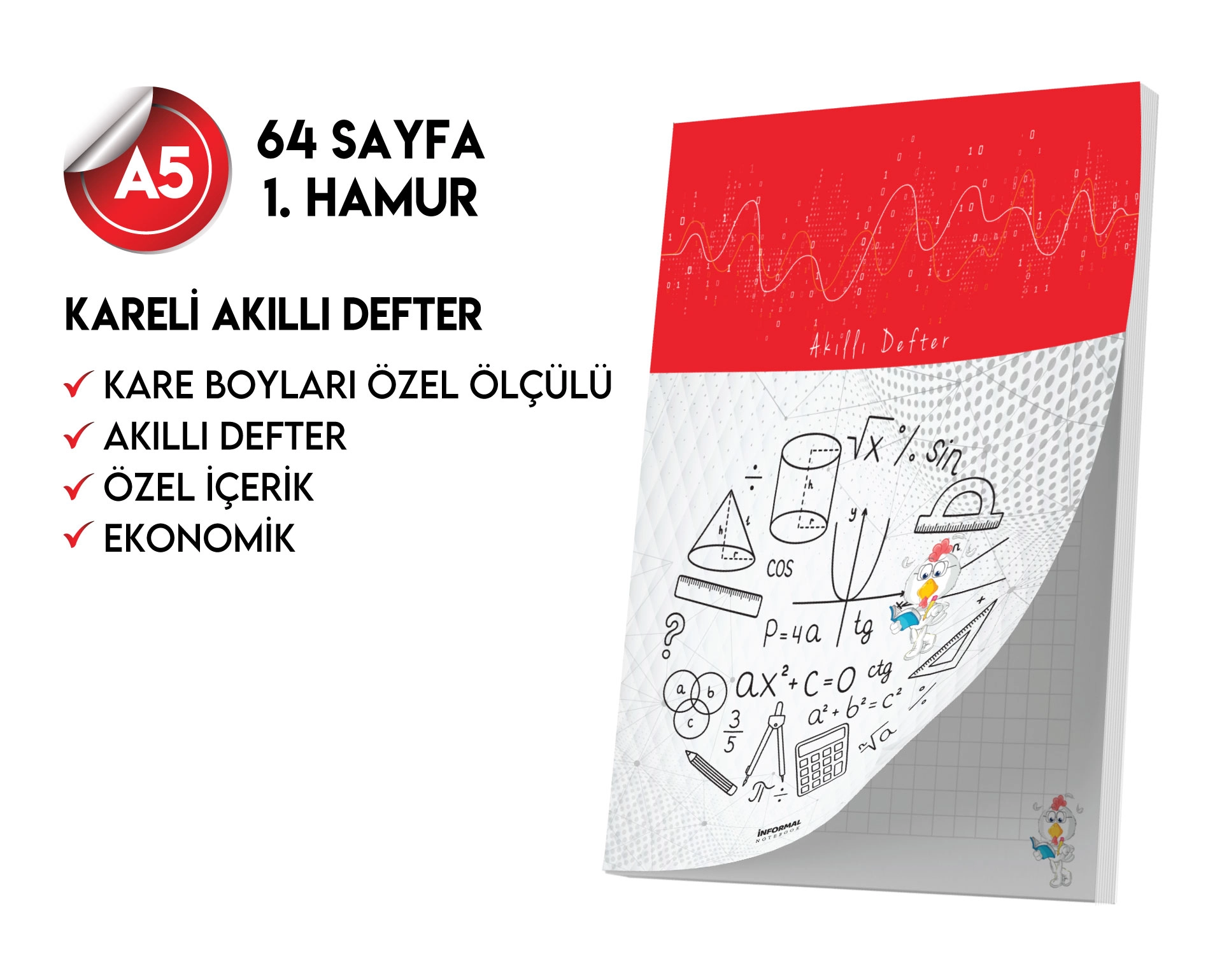 Kareli Not Defteri 64 Sayfa Akıllı Defter Tekli A5 Tam Beyaz Tekli