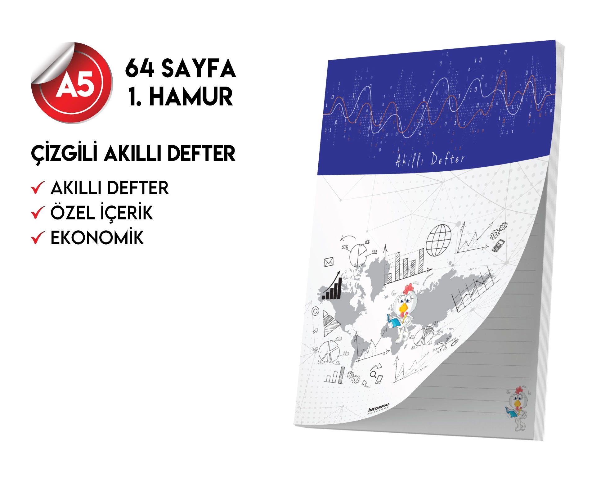 Çizgili Not Defteri 64 Sayfa Akıllı Defter Tekli A5 Tam Beyaz Tekli