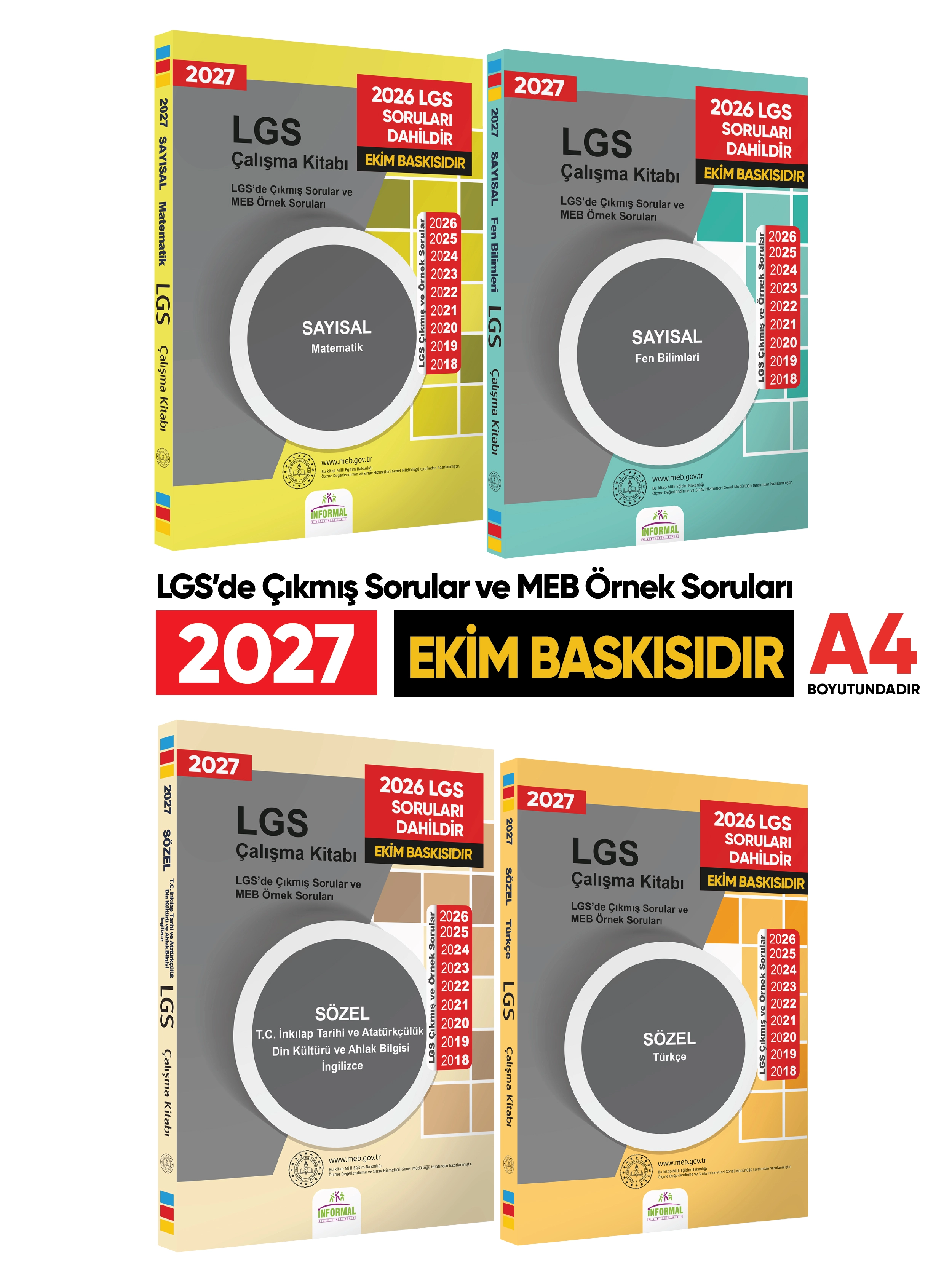 2027 LGS 8.Sınıf Çıkmış ve MEB Örnek Sorular Çalışma Kitabı 4lü SET A4 RENKLİ Baskı