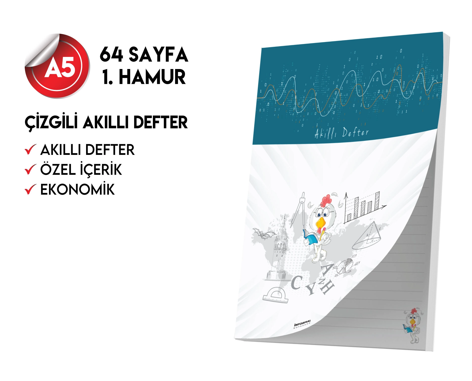 Çizgili Not Defteri 64 Sayfa Akıllı Defter Tekli A5 Tam Beyaz Tekli