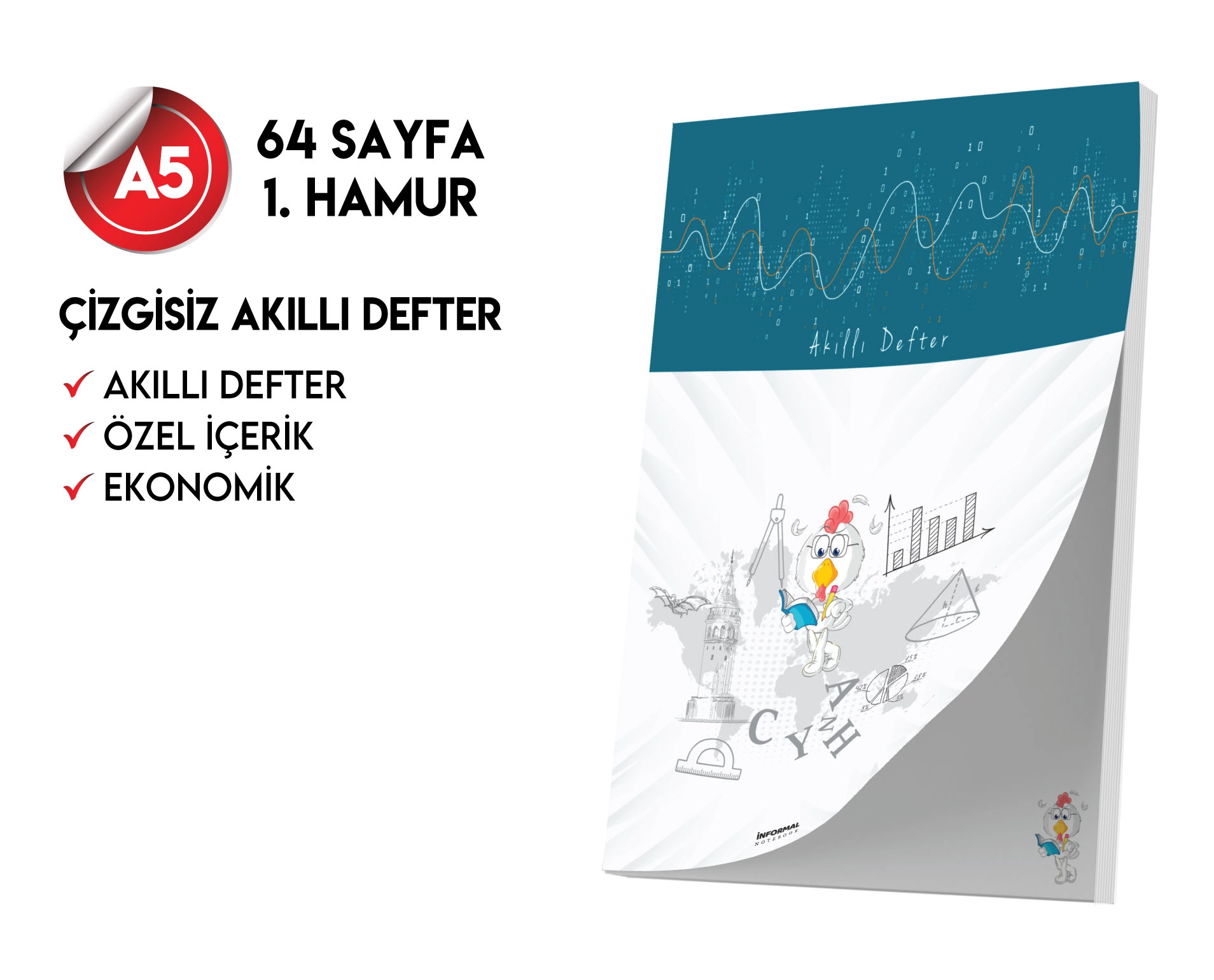 Çizgisiz Not Defteri 64 Sayfa Akıllı Defter Tekli A5 Tam Beyaz Tekli