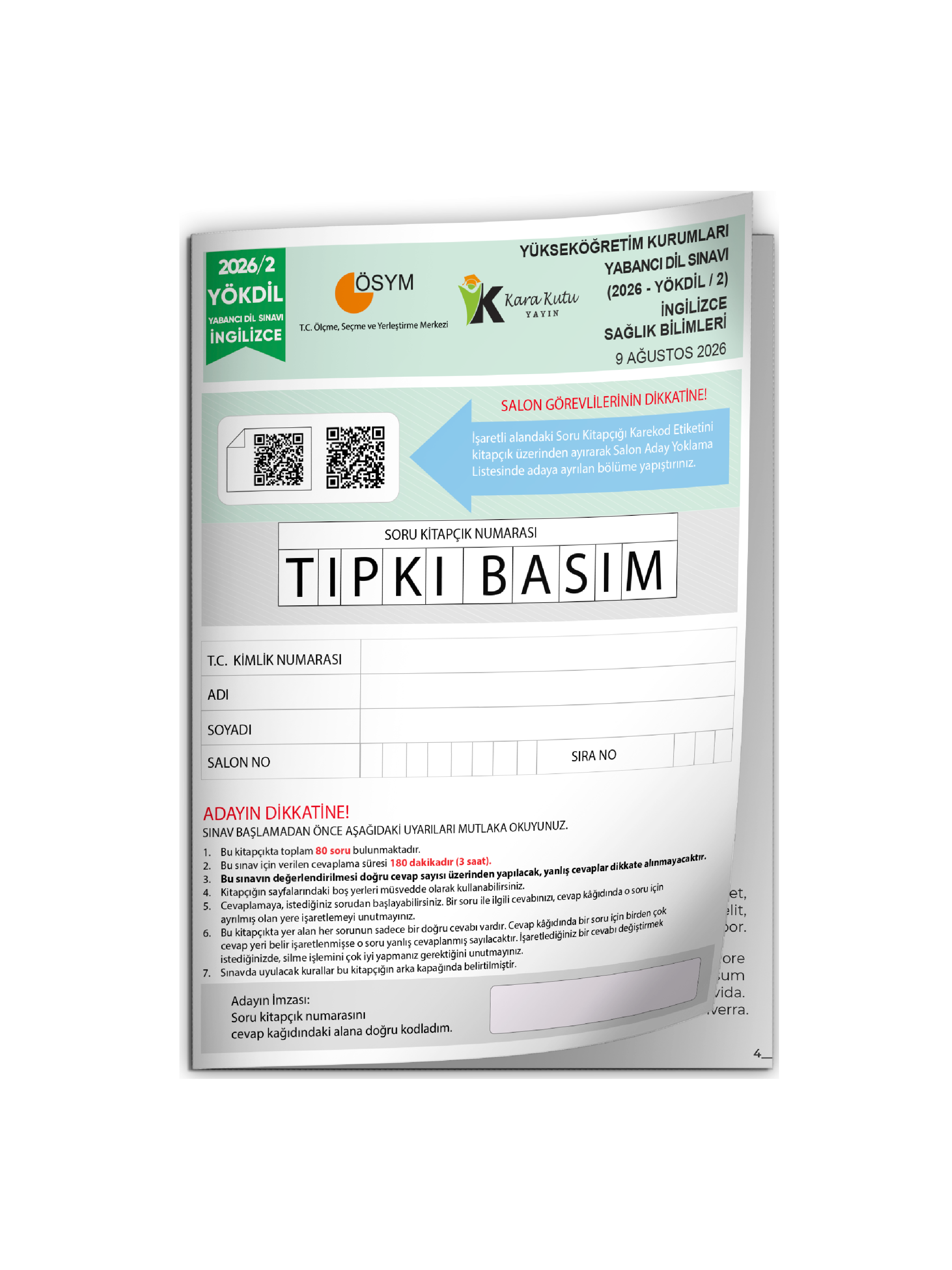2026/2 YÖKDİL İngilizce SAĞLIK BİLİMLERİ ÖSYM Çıkmış Soru Tıpkı Basım Deneme Kitapçığı TG