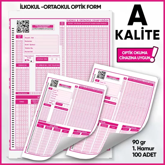 İlkokul-Ortaokul Deneme Sınavları İçin 100 Adet (90.GR) Optik Form - Optik Okuma Uyumlu