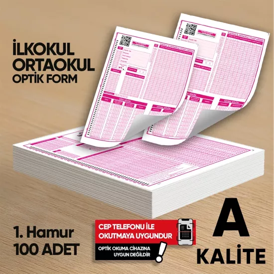 İlkokul-Ortaokul Deneme Sınavları İçin 100 Adet (80.GR) Optik Form