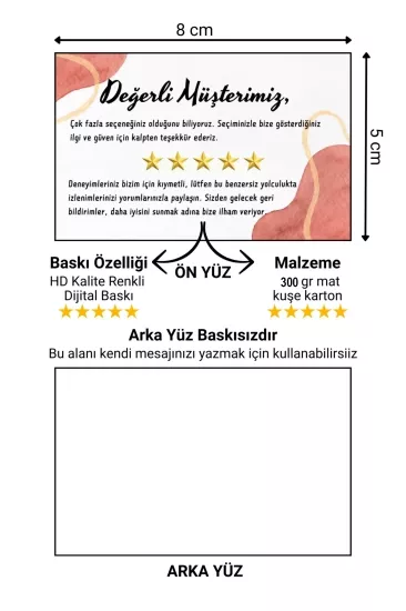 Değerli Müşterimiz Temalı Renkli Teşekkür ve Yorum Artırıcı Kart 300 adet 8x5cm Yüksek Kalite 300 gr