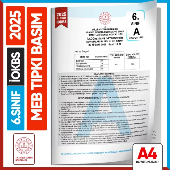 2025 6.Sınıf İOKBS BURSLULUK MEB Tıpkı Basım Çıkmış Soru Kitapçığı Video/PDF Çözümlü Türkiye Geneli