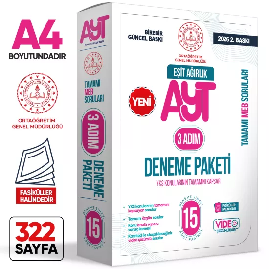 2026 3 Adım YKS-AYT Eşit Ağırlık (TM) MEBİ Özgün Sorular 15liDeneme Paketi VideoÇözümlü BASKI ÜCRETİ