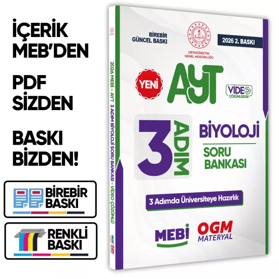 2026 AYT MEBİ-OGM 3 ADIM Biyoloji Soru Bankası RENKLİ A4 Boyut Video Çözümlü BASKI ÜCRETİ