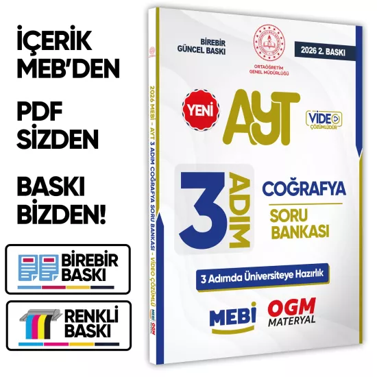 2026 AYT MEBİ-OGM 3 ADIM Coğrafya Soru Bankası RENKLİ A4 Boyut Video Çözümlü BASKI ÜCRETİ