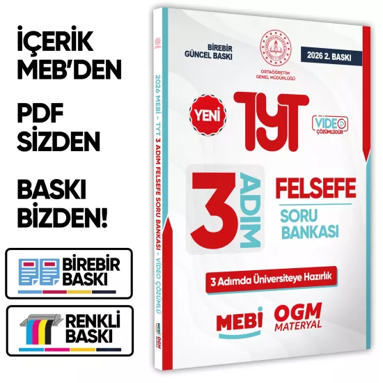 2026 TYT MEBİ-OGM 3 ADIM Felsefe Soru Bankası RENKLİ A4 Boyut Video Çözümlü BASKI ÜCRETİ
