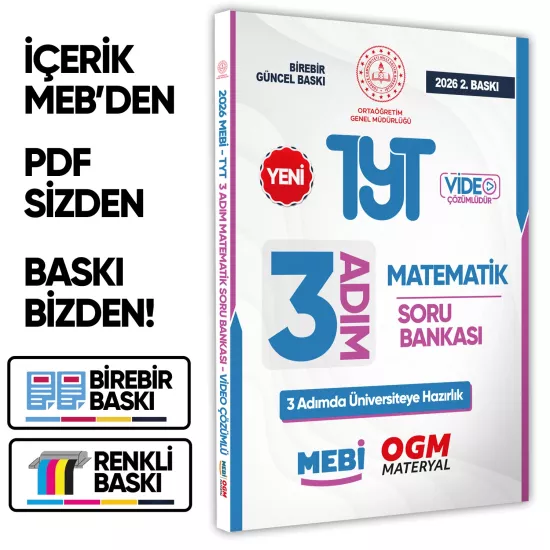 2026 TYT MEBİ-OGM 3 ADIM Matematik Soru Bankası RENKLİ A4 Boyut Video Çözüm BASKI ÜCRETİ