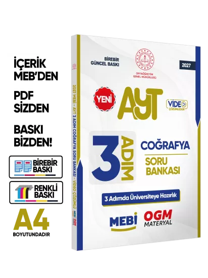 2027 AYT MEBİ-OGM 3 ADIM Coğrafya Soru Bankası RENKLİ A4 Boyut Video Çözümlü BASKI ÜCRETİ