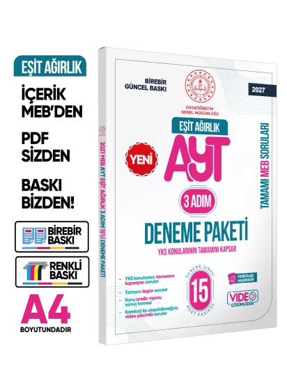 2027 3 Adım YKS-AYT Eşit Ağırlık (TM) MEBİ Özgün Sorular 15liDeneme Paketi VideoÇözümlü BASKI ÜCRETİ
