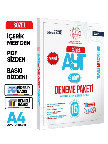 2027 3 Adım YKS-AYT Sözel MEBİ Özgün Sorular 15li Deneme Fasikül Paketi Video Çözümlü BASKI ÜCRETİ