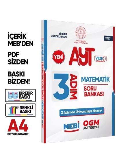 2027 AYT MEBİ-OGM 3 ADIM Matematik Soru Bankası RENKLİ A4 Boyut Video Çözümlü BASKI ÜCRETİ