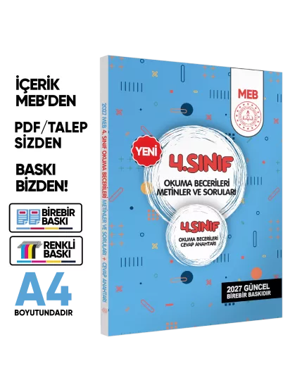2027 MEB İlkokul 4.Sınıf Okuma Becerileri Metinler ve Soruları Çözüm Kitapçık İlaveli BASKI ÜCRETİ