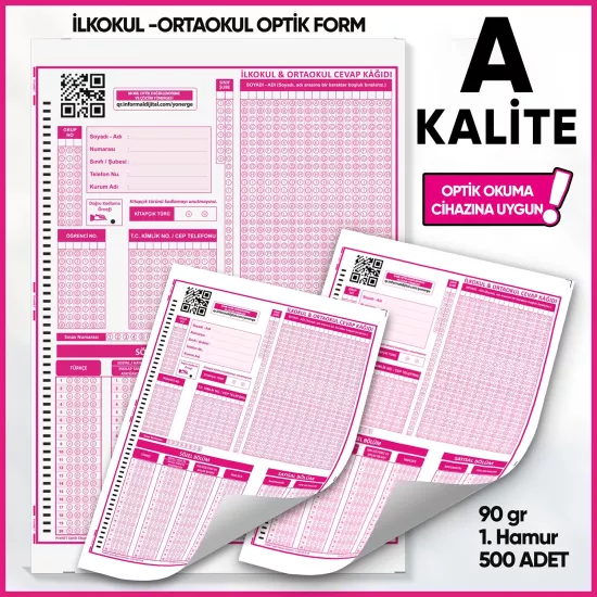 İlkokul-Ortaokul Deneme Sınavları İçin 500 Adet (90.GR) Optik Form - Optik Okuma Uyumlu