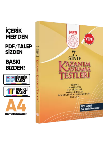 7.Sınıf MEB Tüm Dersler Kazanım Kavrama Testleri KKT Yaprak Test Kitabı BASKI ÜCRETİ
