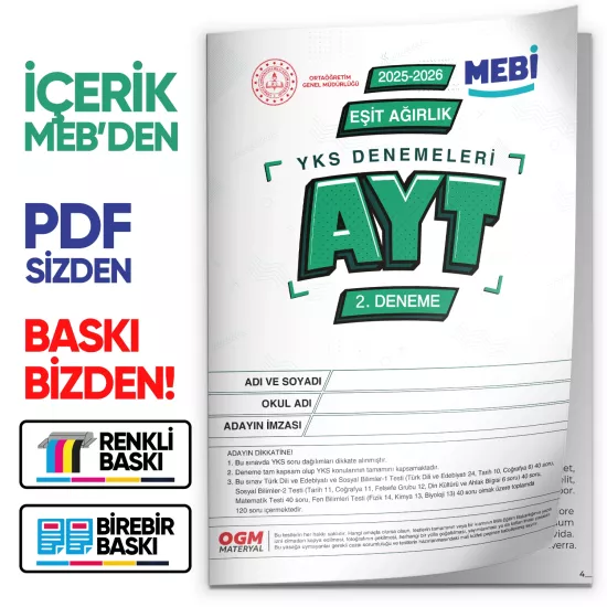 2026 ÖSYM YKS-AYT EŞİT AĞIRLIK MEBİ ONLİNE Türkiye Geneli 2. Deneme Büyük Boy Renkli BASKI ÜCRETİ
