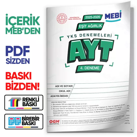2026 ÖSYM YKS-AYT EŞİT AĞIRLIK MEBİ ONLİNE Türkiye Geneli 4. Deneme Büyük Boy Renkli BASKI ÜCRETİ