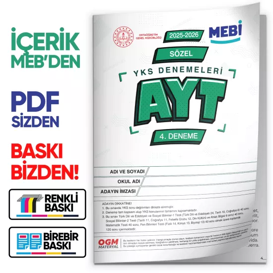 2026 ÖSYM YKS-AYT SÖZEL MEB ONLİNE Türkiye Geneli 4. Deneme Büyük Boy RENKLİ BASKI ÜCRETİ