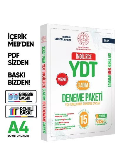 2027 3 Adım YKS-YDT İngilizce MEBİ Özgün Sorular 15li Deneme Kitapçığı Video Çözümlü BASKI ÜCRETİ
