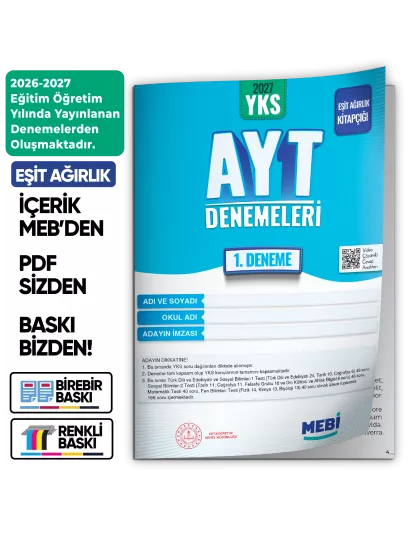 2027 YKS-AYT EŞİT AĞIRLIK MEBİ ONLİNE Türkiye Geneli 1. Deneme Büyük Boy Renkli BASKI ÜCRETİ