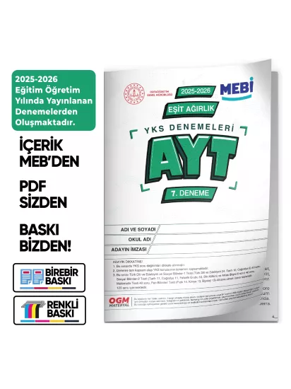 2026 ÖSYM YKS-AYT EŞİT AĞIRLIK MEBİ ONLİNE Türkiye Geneli 7. Deneme Büyük Boy Renkli BASKI ÜCRETİ