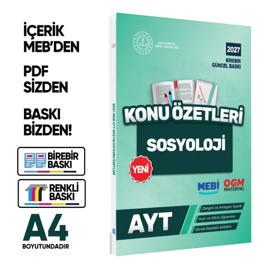 2027 YKS-AYT MEBİ-OGM Sosyoloji Pratik Konu Özet Kitabı RENKLİ A4 Boyut Görsel Destekli BASKI ÜCRETİ